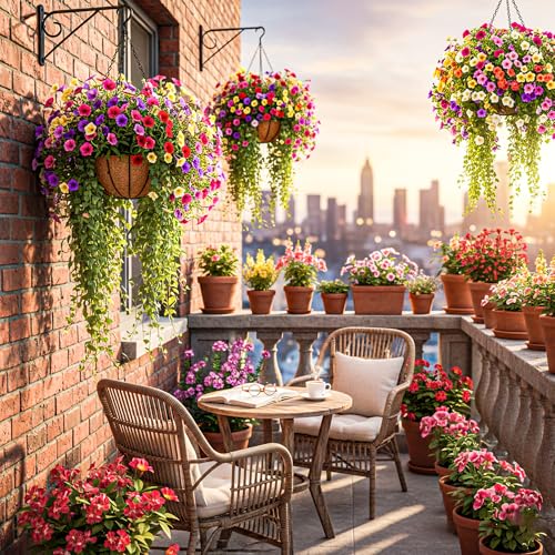 4 Pack 12 Inch Brown Outdoor Metal Hanging Planter Basket Hanging Planters Flower Pot Round Modern Flower Holder Pot Garden Accessory（Watermelon Style） - color: Watermelon