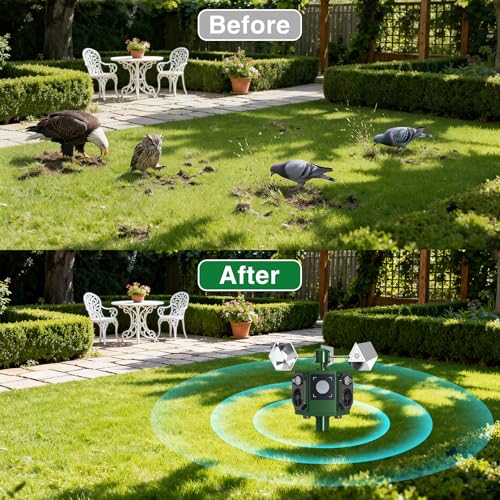 Ultrasonic Bird Repeller Outdoor Solar Pigeon Repellent Device with Motion Sensor & Flashing Lights, Bird Deterrent Reflectors to Keep Birds Crows Sparrows Starlings Away from Patio, Garden & Balcony