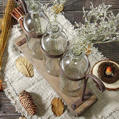 Rustic Flower Vase Set with Rack Stand Farmhouse Glass Bottles for Decor Table centerpieces
