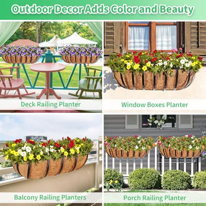 Legigo 2 Pack 16 Inch Window Box Deck Railing Planter with Coconut Liner, Balcony Rail Planters Horse Trough Window Planter Boxes, Metal Railing Hanging Flower Baskets for Outdoor Porch Fence Patio