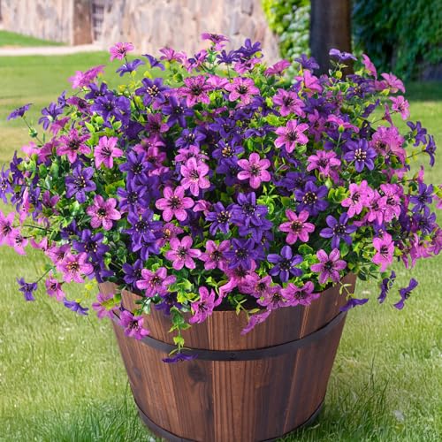 Artificial Flowers for Outdoors Spring Summer Decoration, 12 Bundles Fake Plants UV Resistant Realistic Faux Flower Silk Daisy with Eucalyptus Stem for Patio Planter Porch Yard Window Box Balcony - color: Double Purple, size: 12 PCS