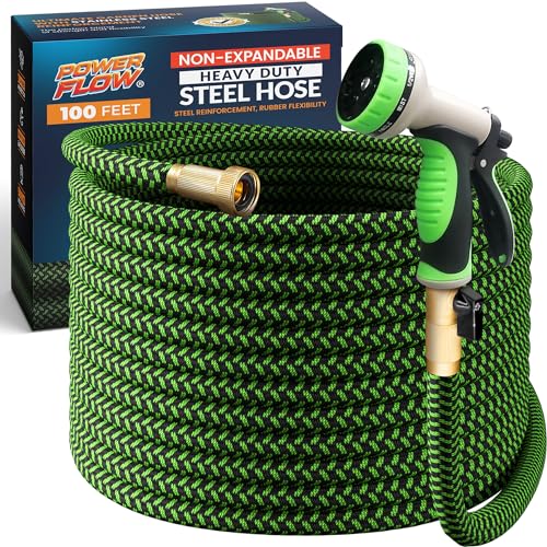 PowerFlow Metal Garden Hose, 100 Ft Non-Expandable Water Hose, Green - color: Green, size: 100 Feet