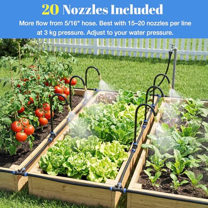 80FT Drip Irrigation Kit, 8mm Hose with 20 Brass 360° Adjustable Nozzles, Quick Connectors Automatic Garden Watering System– Complete Garden Irrigation System for Lawn, Greenhouse, Patio, Yard - size: 80FT+20 Nozzles