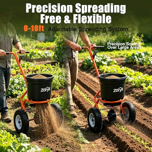 ZORYX 50LB Walk-Behind Broadcast Spreader, Heavy Duty Push Spreader for Fertilizer, Seed, Salt, Ice Melt, 13" Pneumatic Tires, Adjustable Flow, Anti-Clog Hopper w/Rain Cover