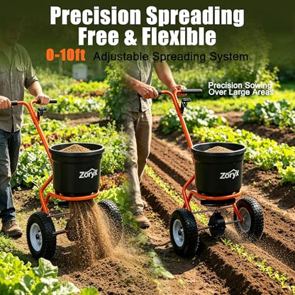 ZORYX 50LB Walk-Behind Broadcast Spreader, Heavy Duty Push Spreader for Fertilizer, Seed, Salt, Ice Melt, 13" Pneumatic Tires, Adjustable Flow, Anti-Clog Hopper w/Rain Cover