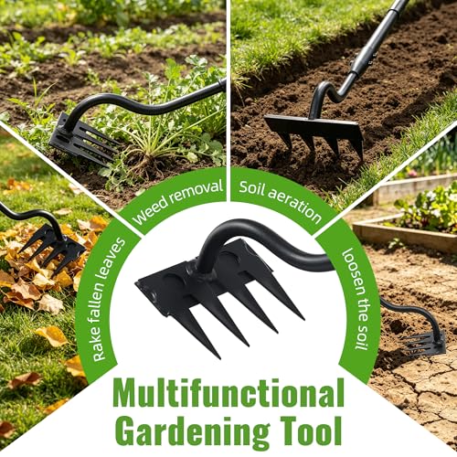 Weeding Rake for Gardening, 70 Inch Weed Puller Tool with Long Handle for Weeding Loosening Soil Cultivating Heavy Duty Metal 4 Tines Weeder for Backyard, Lawn, Garden Beds - size: 4 tines