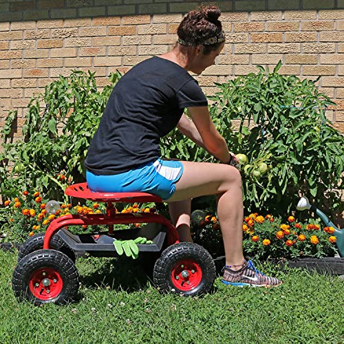 Sunnydaze Rolling Garden Cart with Swivel Seat and Storage, Red - color: Red
