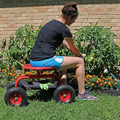 Sunnydaze Rolling Garden Cart with Swivel Seat and Storage, Red - color: Red