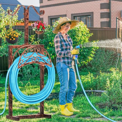 Garden Hose Holder, Vintage Hose Reel Stand with Shepherd Hook - style: Vintage Bronze