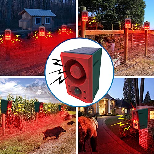 Solar Outdoor Motion Sensor Alarm - Dog Barking & Gunshot Sound 130db Motion Detector Alarm Light,with Remote Controller for Home, Villa,Yard,Chicken coop,Farm,Barn