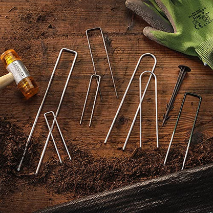 GardenMate 100-Pack Anti-Rust 6'' 11 Gauge Heavy-Duty Flat-Top U-Shaped Garden Stakes Staples Spikes Pins Pegs - Ground Stakes for Anchoring Landscape Fabric - style: 6" 11 gauge galv flat top