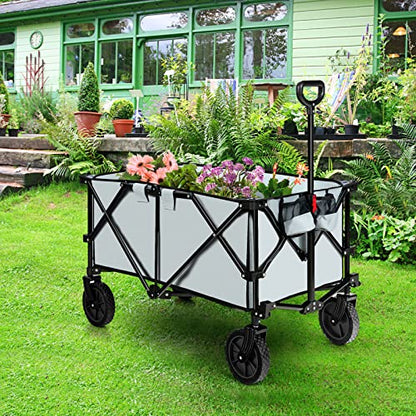 Goplus Collapsible Wagon, Folding Utility Wagon Cart w/Universal Wheels & Adjustable Handle & Cover Bag, Grocery Wagon for Garden Shopping Camping (Grey) - color: Gray