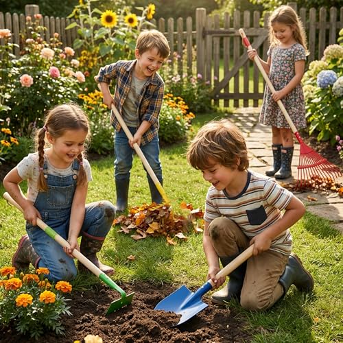 4-Piece Garden Tool Set with Shovel, Rake, Hoe, Leaf Rake - 2 Pairs of Gloves & 2 Storage Bags, Wooden Gardening Tools for Yard & Lawn Care