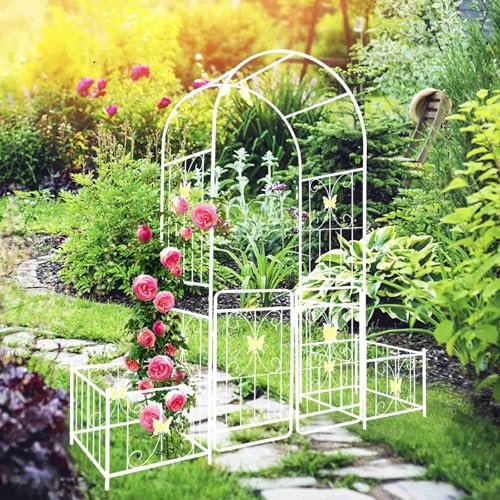 Garden Arch with Gate and Planter Boxes, 86.6" H Metal Archway for Climbing Plants, Iron Rose Trellis Arbor with Butterfly Design for Wedding Backyard Patio Lawn Decor