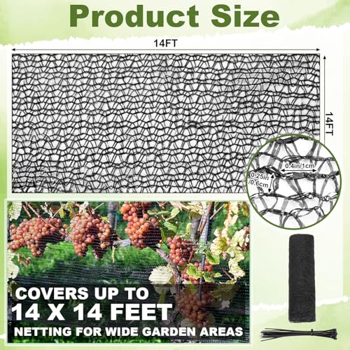 Bird Netting for Garden 14 x 14 ft Garden Netting with 1/4 Inch Mesh Heavy Duty Gardening Protection Mesh for Fruits, Vegetables, Trees, Flowers, Deer, Shields Plants from Birds