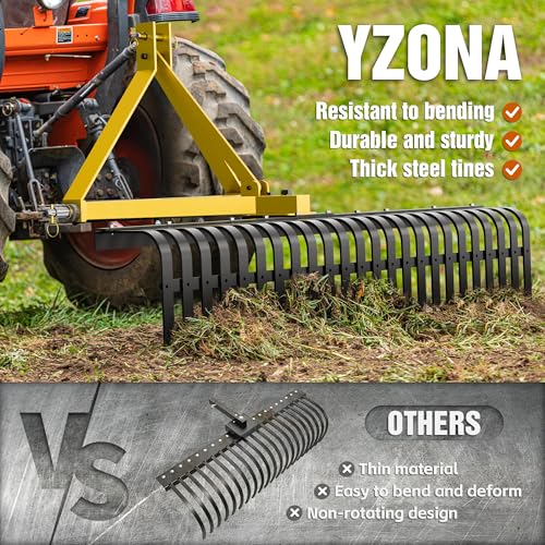 YZONA 60" 3 Point Rock Rake for Tractors, Heavy-Duty Landscape Rake with 360° Rotation, Category 1 Hitch Attachment, Tow-Behind Pine Straw Harrow for Garden, Lawn Care, Farm, Black & Yellow