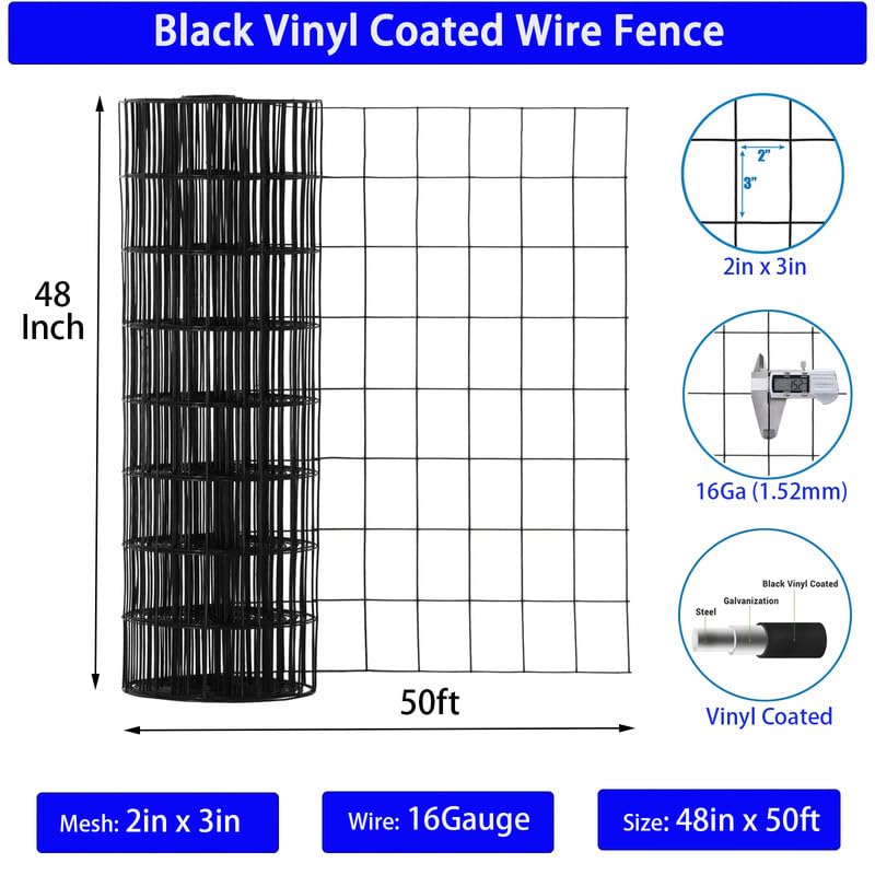 Wire Fence 2in x 3in Black Vinyl Coated Wire Mesh 48" x 50' Welded Wire Fencing 16Gauge, PVC Coating Chicken Wire Fence,Welded Wire Mesh Roll for Garden Guard Fence Poultry Cage Net Fencing - size: 2"x3"x48"x50'x16Gauge
