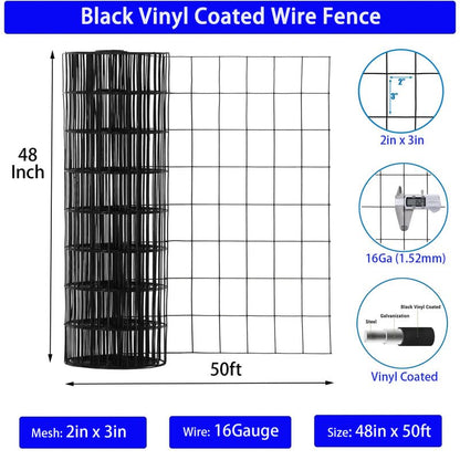 Wire Fence 2in x 3in Black Vinyl Coated Wire Mesh 48" x 50' Welded Wire Fencing 16Gauge, PVC Coating Chicken Wire Fence,Welded Wire Mesh Roll for Garden Guard Fence Poultry Cage Net Fencing - size: 2"x3"x48"x50'x16Gauge