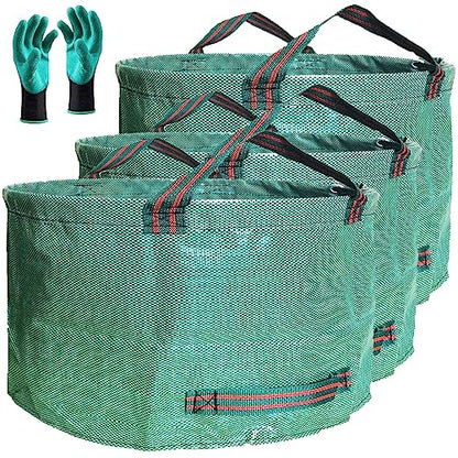 Standard 3-Pack 46 Gallon Lawn Garden Bags Big (D26,H19 in) Yard Waste Bags with Gardening Gloves for Leaf Bag,Yard Debris,Camping Waste,Garden Trash Container,Lawn Grass Clippings,Weeds Bag 4 Handles
