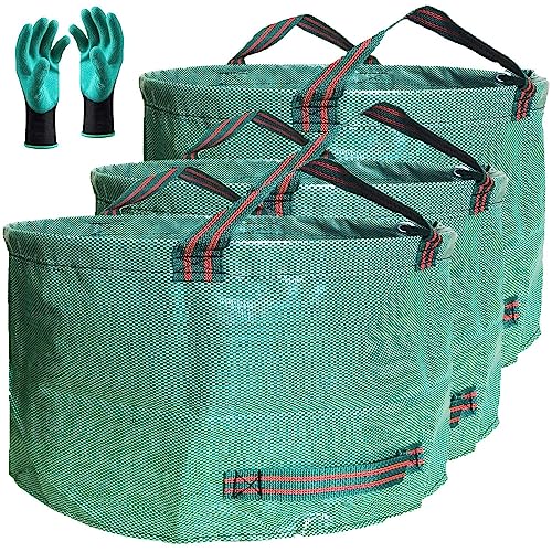 Standard 3-Pack 46 Gallon Lawn Garden Bags Big (D26,H19 in) Yard Waste Bags with Gardening Gloves for Leaf Bag,Yard Debris,Camping Waste,Garden Trash Container,Lawn Grass Clippings,Weeds Bag 4 Handles