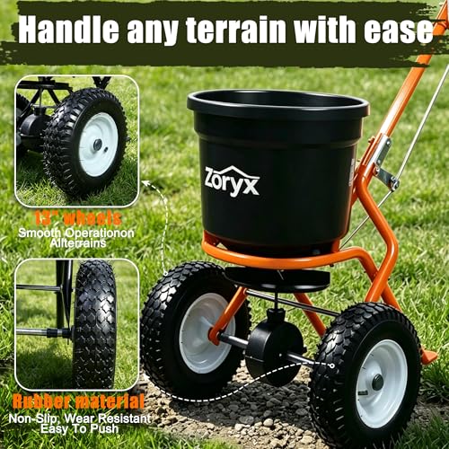 ZORYX 50LB Walk-Behind Broadcast Spreader, Heavy Duty Push Spreader for Fertilizer, Seed, Salt, Ice Melt, 13" Pneumatic Tires, Adjustable Flow, Anti-Clog Hopper w/Rain Cover