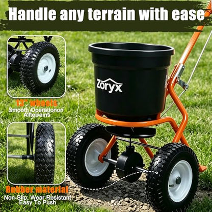 ZORYX 50LB Walk-Behind Broadcast Spreader, Heavy Duty Push Spreader for Fertilizer, Seed, Salt, Ice Melt, 13" Pneumatic Tires, Adjustable Flow, Anti-Clog Hopper w/Rain Cover