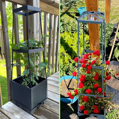 2 Packs Raised Garden Bed Tomato Planter Box with Trellis,44.8" Self-Watering Tomato Cage with Trapezoidal Trellis for Climbing Plants Flowers Vegetables Vine in Patio Garden Indoor Outdoor - size: 3 Tiers-44.8"