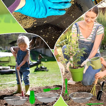 14 Pcs Soil Sifter for Gardening Stainless Steel Rock Sifter Including 3, 6, 10 mm Hole Puncher Planting Spoon Seedling Lifting Device Bucket to Catch Dirt Rocks Sawdust, 3 Sizes