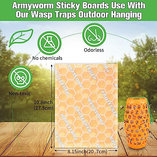 Wasp Trap & Sticky Pads Bundle – 2 Pack Hanging Wasp Trap with 12 Refill Glue Boards for Outdoor Use (Orange)
