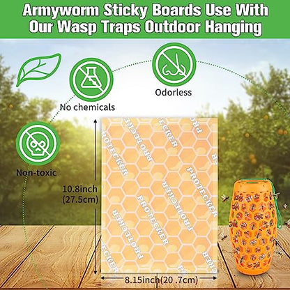 Wasp Trap & Sticky Pads Bundle – 2 Pack Hanging Wasp Trap with 12 Refill Glue Boards for Outdoor Use (Orange)