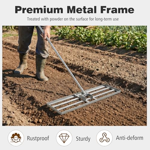 36" x 10" Lawn Leveling Rake, Heavy Duty Landscape Rake with 69" Handle, Non-Slip Grip & Flat Head, Space-Saving Lawn Level Tool for Garden, Backyard, Golf Course & Sports Field (Silver) - color: Silver