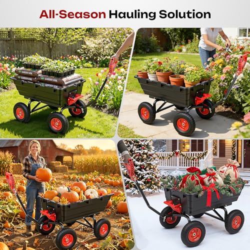 Autodaya 1400lbs Garden Dump Cart, Heavy Duty Wheelbarrow Wagon with Hitch - color: 1400lb|jet Black+red