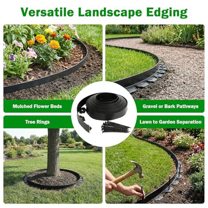 No Dig Landscape Edging 2 Inch x 40 FT, Heavy Duty Flexible Plastic Garden Border with 50 Spiral Spikes, Lawn Edging for Flower Beds, Walkways, Tree Rings, Mulch Beds and Landscaping, Black - style: 2 Inch × 40FT
