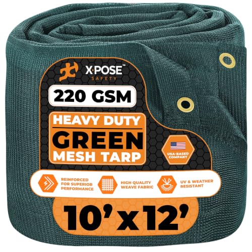 Xpose Safety Heavy Duty Green Mesh Tarp 10' x 12' – 70% Sunblock Shade Cloth with Grommets for Garden, Fence, Privacy Screen, Canopies, Dump Trucks, Pool Cover – Tear & Weather Resistant - color: Green, size: 10' X 12'