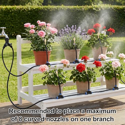 100FT Drip Irrigation System Kit, 1/4 Inch Garden Watering System with 16 Adjustable Brass Nozzles, Automatic Misting Watering Kit for Raised Beds, Greenhouse, Lawn, Patio, Yard
