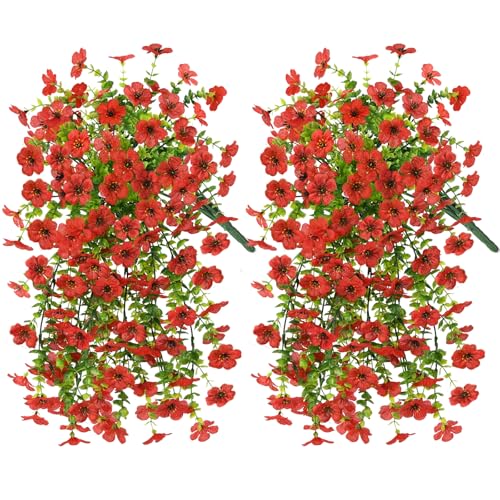 INQCMY 2 Pcs Fake Mums Artificial Fall Flowers for Outdoors Decoration - color: Red