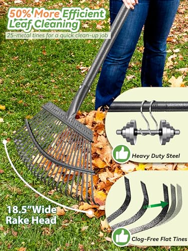 Garden Rake Set for Leaves Lawns, 3-in-1 Gardening Tools Kit with 25 Tines Wide Metal Rake, Leaf Scoops Hand Claws, 32 Gallon Reusable Yard Waste Bag, Heavy Duty 79" Rakes for Pick Up, Clear n Collect - size: 6 ft Rake, Claw, Bag