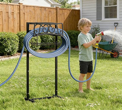 Kingson Water Hose Holder Freestanding, Garden Hose Holder Holds 150-Feet Hose, Heavy Duty Steel Garden Hose Storage Stand with Detachable Storage Basket for Outside Yard Lawn