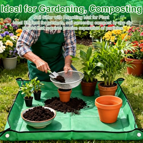 2 Pack Soil Sifter for Gardening - Rock Compost Sand Sifter Fits 5-Gallon Buckets 1/4 Inch & 1/8 Inch Mesh Sifting Screen Sieve for Gravel, Dirt, Sawdust with Repotting Mat - size: 11.8" x 11.8"