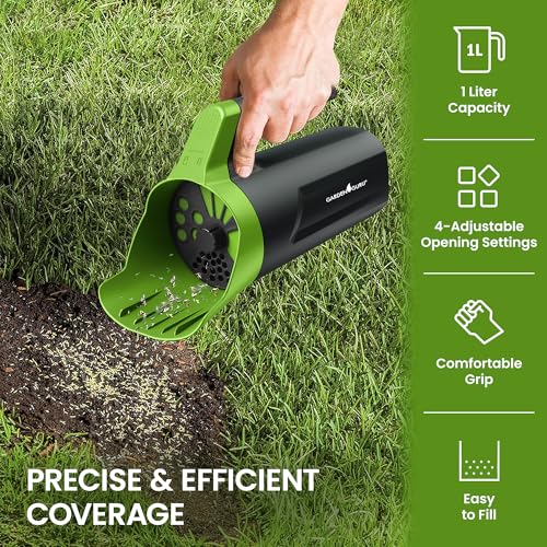 Garden Guru Handheld Seed Spreader Shaker – Multi Use Grass Seed, Fertilizer, Salt, Ice & Snow Melt Spreader – Adjustable Twist Cap w Multiple Size Openings – Lightweight 1L Capacity Hand Seeder - size: 1 Pack