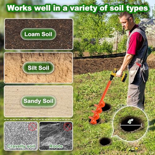 Insaga 4'' x 24'' Auger Drill Bit for Planting, Extra Long Heavy Duty Earth Auger for Post Hole Digger, 0.98'' Hollow Shank, Bright Orange Coating, Fit 3/8'' Hex Drive for Fence Post Tree Bulb Garden - size: 4'' x 24''