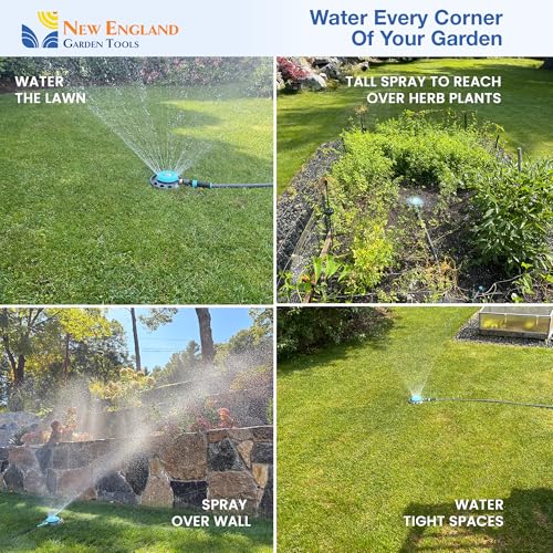 Multi-Pattern Spot Sprinkler 400001 - Adjustable 9 Spray Patterns, Heavy-Duty Metal Base, Decorative Turret Design, Versatile Lawn & Garden Watering, Durable Build by New England Garden Tools
