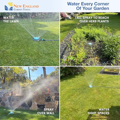 Multi-Pattern Spot Sprinkler 400001 - Adjustable 9 Spray Patterns, Heavy-Duty Metal Base, Decorative Turret Design, Versatile Lawn & Garden Watering, Durable Build by New England Garden Tools