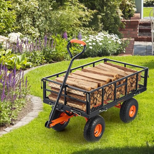 VEVOR 880lbs Steel Garden Dump Cart Utility Wagon, Heavy Duty Yard Dump Wagon Cart with Removable Sides, Pullable Handle, Utility Liner, 10in All Terrain Wheels - size: 880 lbs
