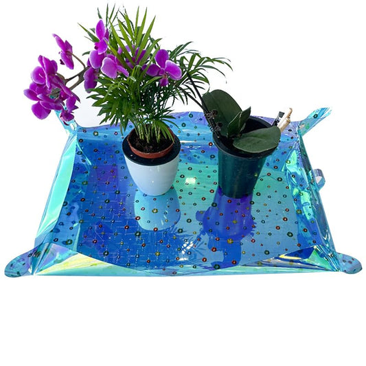 Kasepie Plant Repotting Mat, PVC, Foldable and Waterproof, Holographic Blue with Snowflake Design, 19 x 27 Inch (Blue+Colored dots) - color: Blue+colored Dots