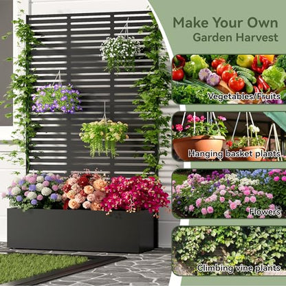 COFaR 71"Tall Metal Planter Box with Trellis,Outdoor Privacy Planter Screen - color: Slatted_black