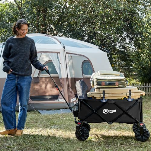 PORTAL Folding Wagon Cart, All-Terrain Heavy Duty, Beach Camping Garden Grocery - color: Black, size: 200L without Brake