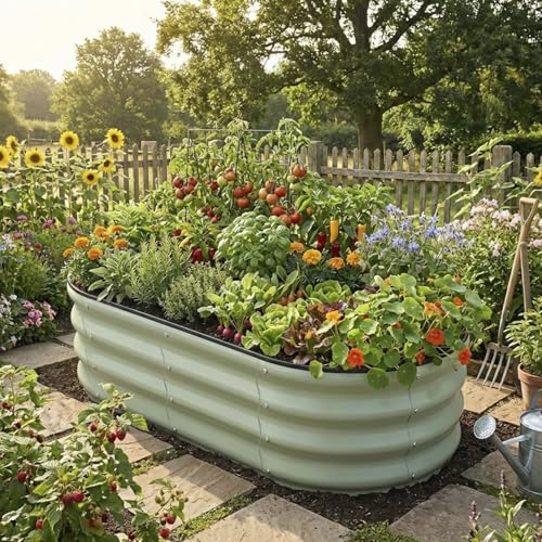 Raised Garden Bed, Metal Planter Box, Oval Shape, Outdoor Planting,Vegetable Flower Herb Planter(1 PCS of 4×2×1 ft, Green Oval) - size: 1 PCS of 4×2×1 ft