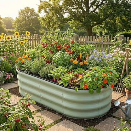 Raised Garden Bed, Metal Planter Box, Oval Shape, Outdoor Planting,Vegetable Flower Herb Planter(1 PCS of 4×2×1 ft, Green Oval) - size: 1 PCS of 4×2×1 ft