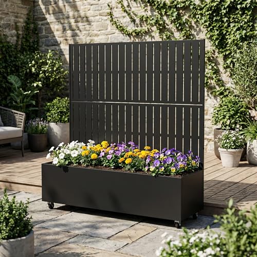 Metal Raised Garden Bed with Trellis and Wheels, 47"x47"x16" (Black-Fence) - color: Black-fence, size: 47"x47"x16"